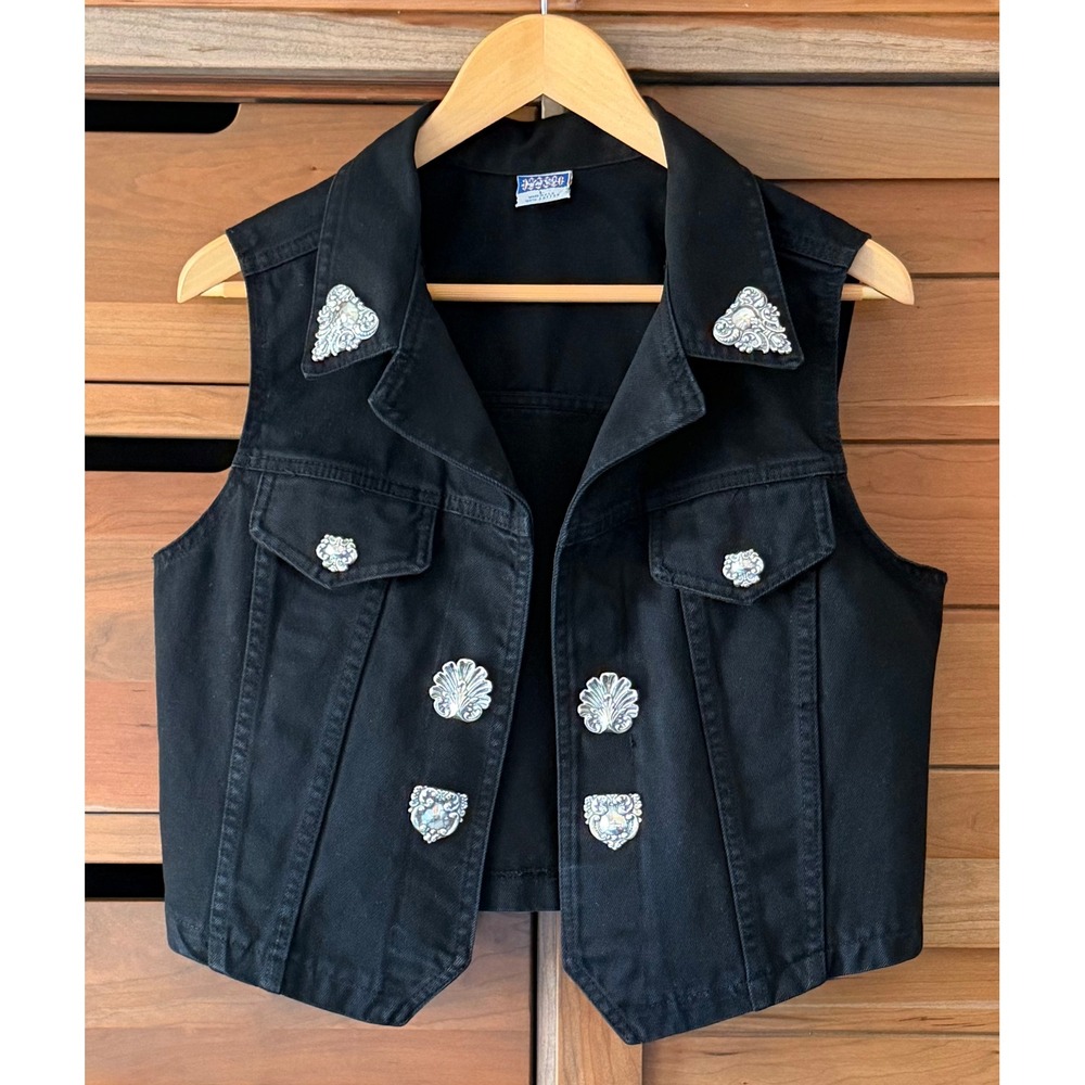 Vintage Watch LA Sz Large Black Denim Vest With Removable Silver Embellishments